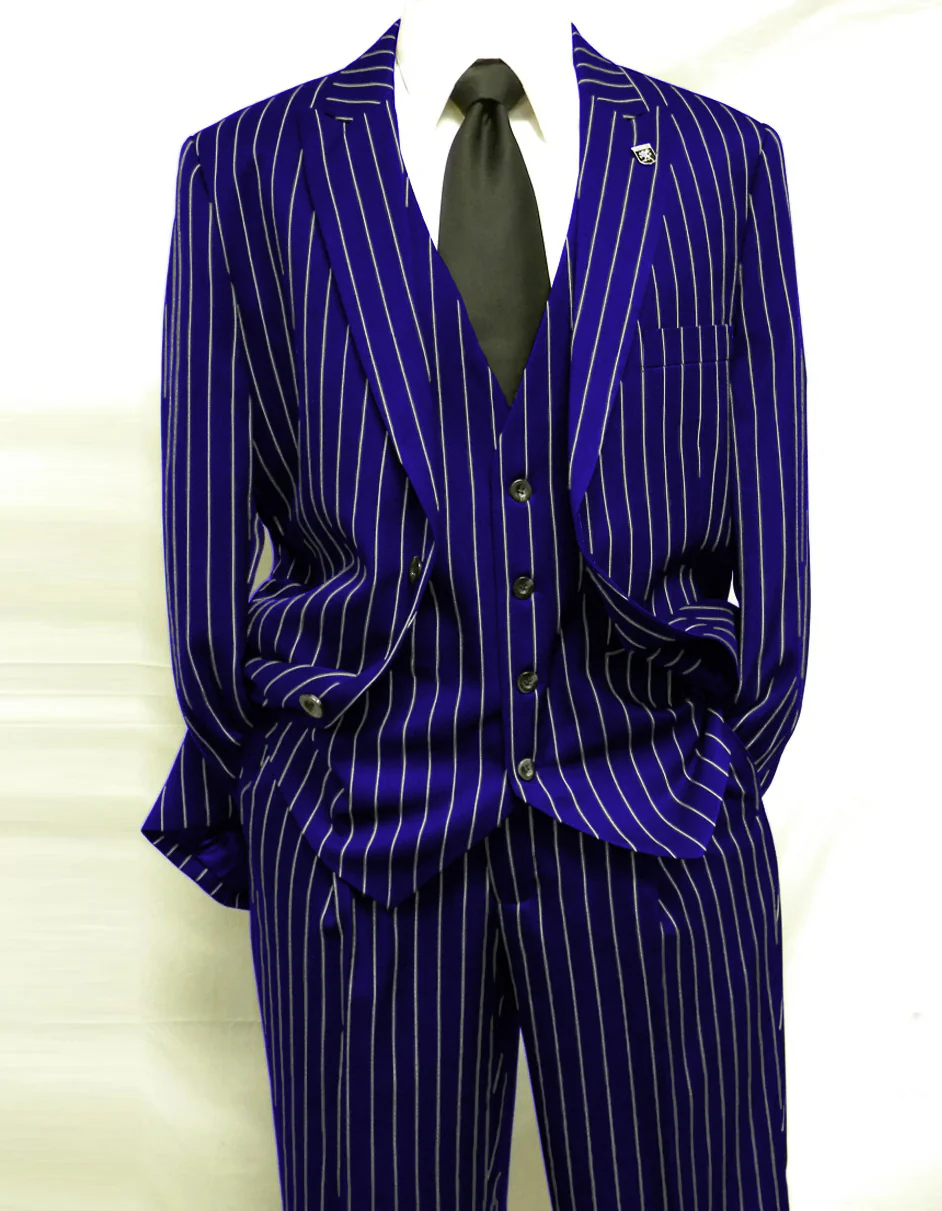 Mens 2 Button Gangster Pinstripe Pattern  Suit in Black - Image 3