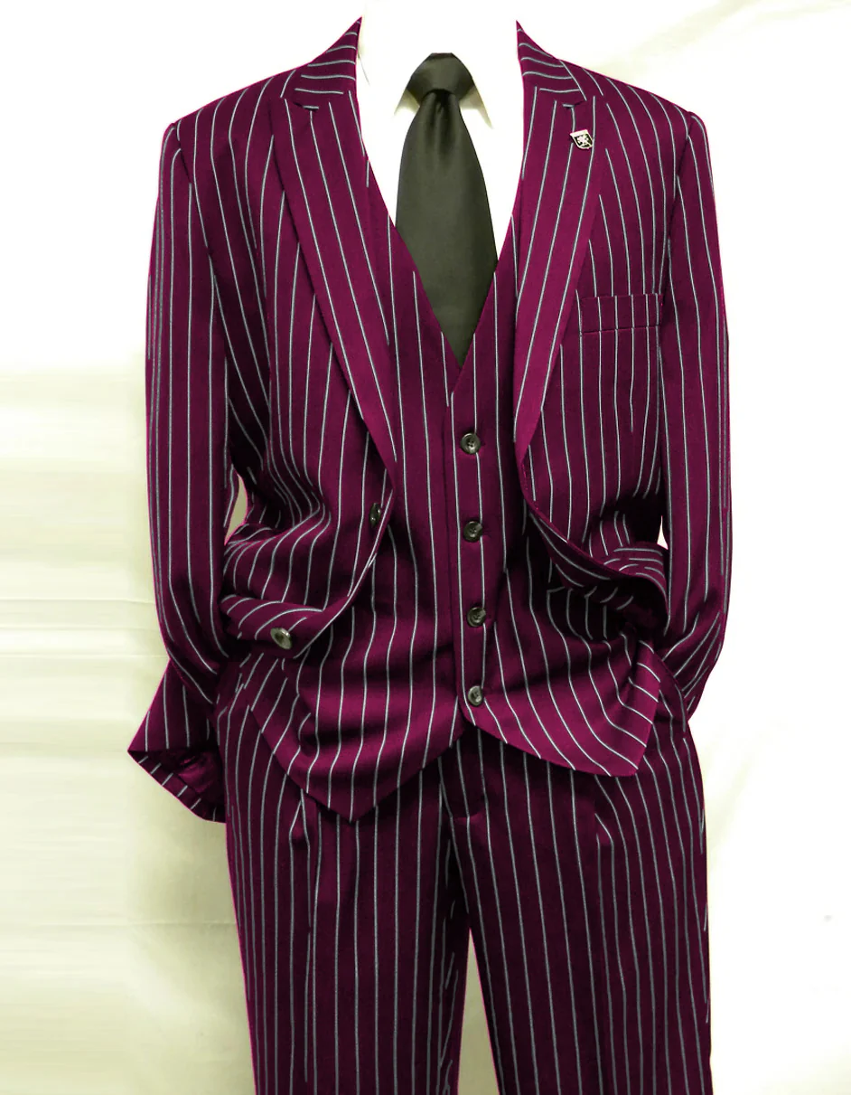 Mens 2 Button Gangster Pinstripe Pattern  Suit in Black - Image 5