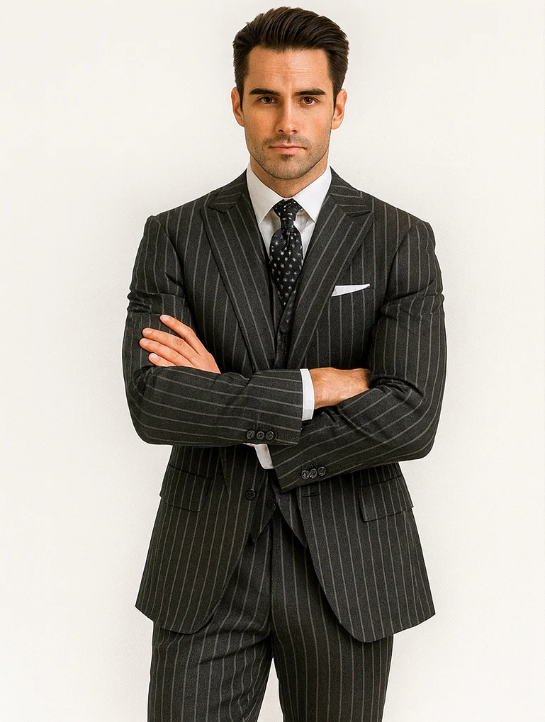 Mens 2 button Gangster Pinstripe Suit in Black & White - Image 5
