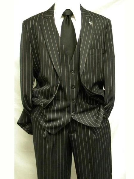 Mens 2 Button Gangster Pinstripe Suit in BLACK / GREY / NAVY / BURGUNDY - Image 10
