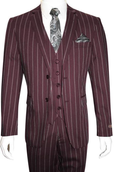 Mens 2 Button Gangster Pinstripe Suit in BLACK / GREY / NAVY / BURGUNDY - Image 11