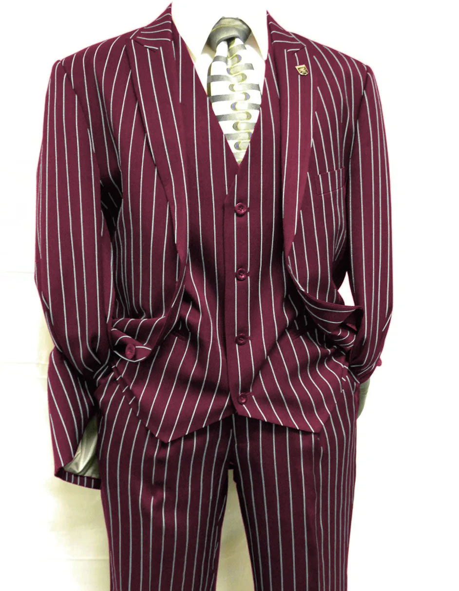 Mens 2 Button Gangster Pinstripe Suit in BLACK / GREY / NAVY / BURGUNDY - Image 12