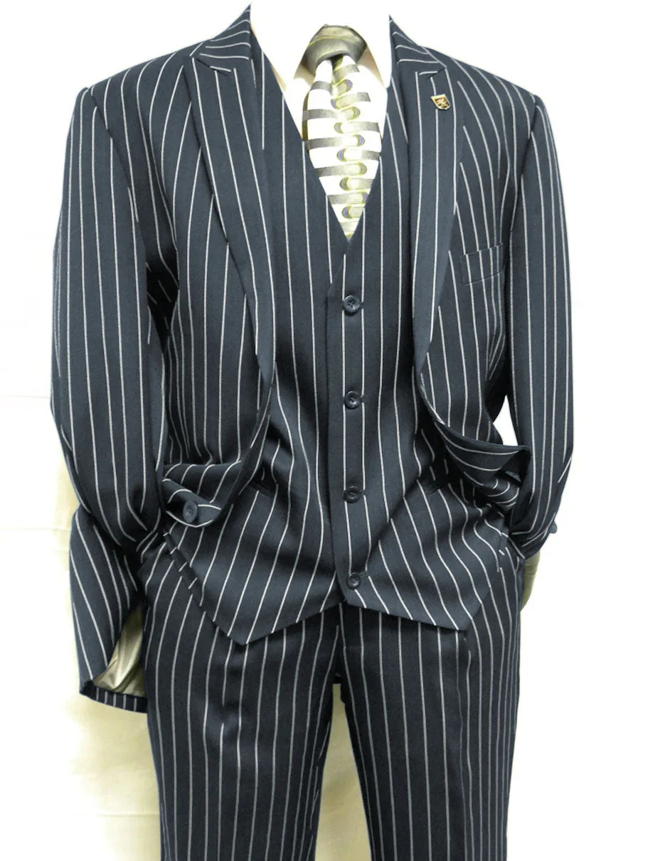 Mens 2 Button Gangster Pinstripe Suit in BLACK / GREY / NAVY / BURGUNDY - Image 13