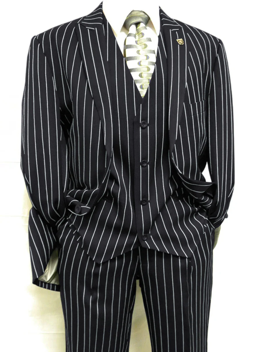 Mens 2 Button Gangster Pinstripe Suit in BLACK / GREY / NAVY / BURGUNDY - Image 14