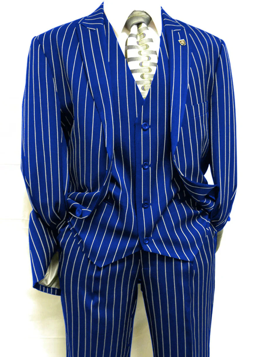 Mens 2 Button Gangster Pinstripe Suit in BLACK / GREY / NAVY / BURGUNDY - Image 15