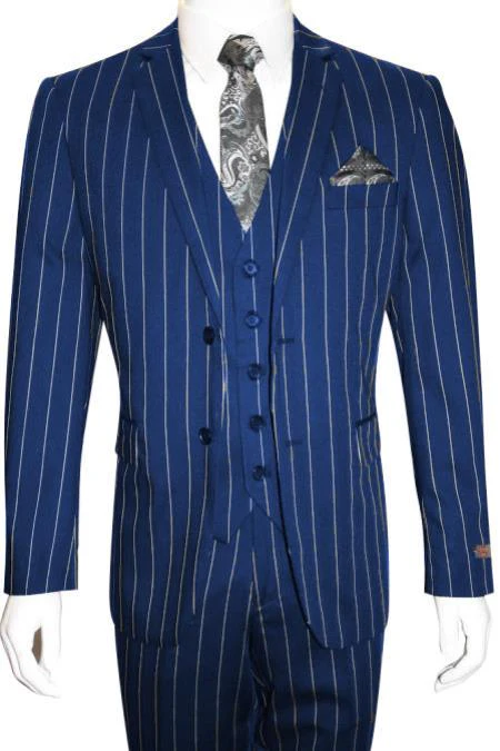 Mens 2 Button Gangster Pinstripe Suit in BLACK / GREY / NAVY / BURGUNDY - Image 8
