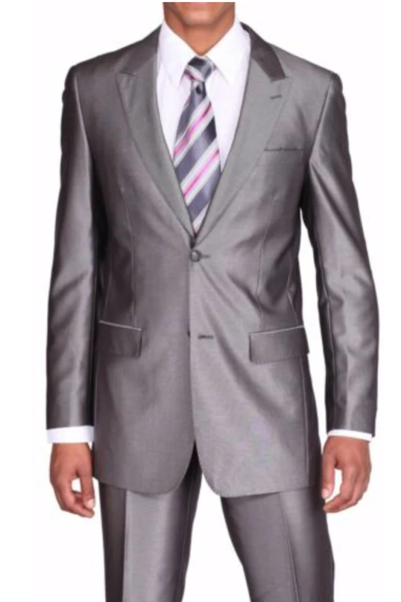 Mens 2 Button Peak Lapel Shiny Sharkskin Suit in Charcoal