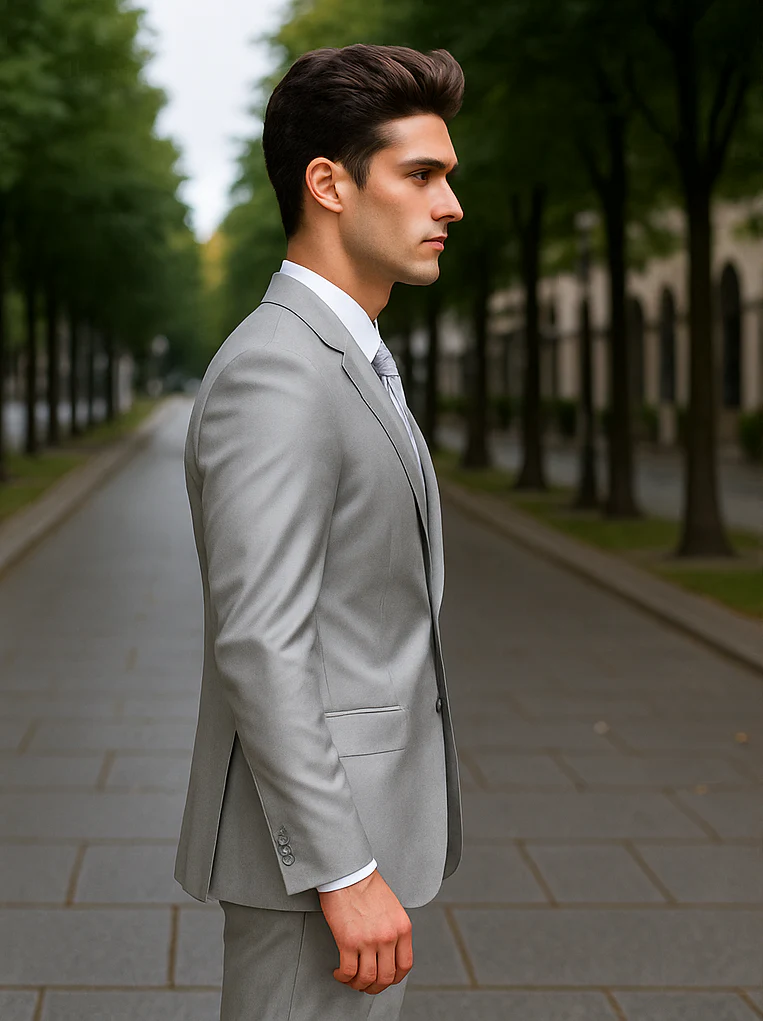 Mens 2 Button Peak Lapel Shiny Sharkskin Suit in Silver - Image 3
