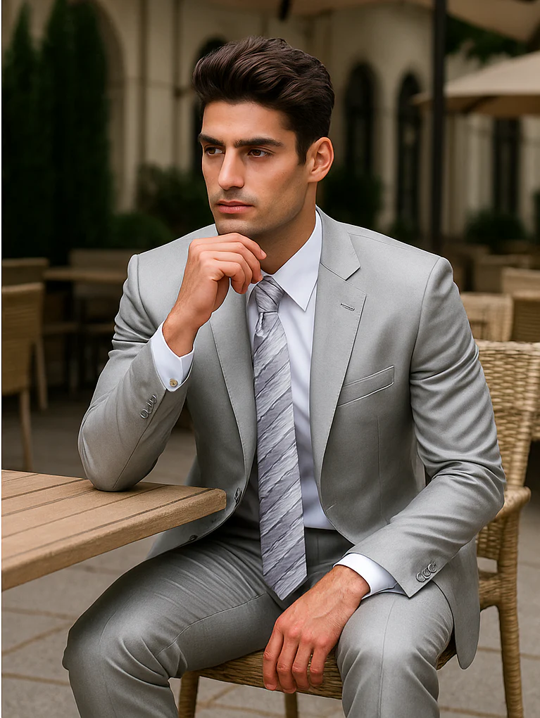 Mens 2 Button Peak Lapel Shiny Sharkskin Suit in Silver - Image 4