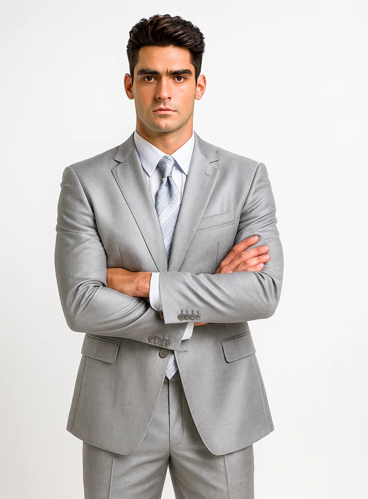 Mens 2 Button Peak Lapel Shiny Sharkskin Suit in Silver - Image 5