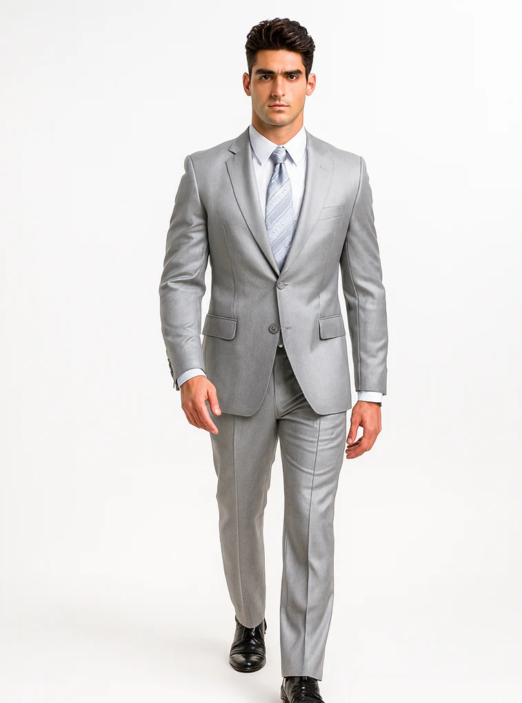 Mens 2 Button Peak Lapel Shiny Sharkskin Suit in Silver - Image 6