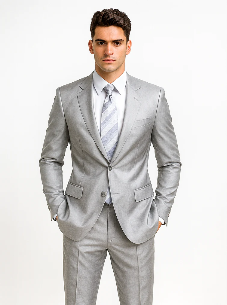 Mens 2 Button Peak Lapel Shiny Sharkskin Suit in Silver - Image 7