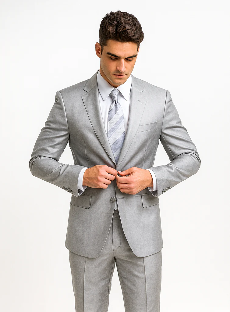 Mens 2 Button Peak Lapel Shiny Sharkskin Suit in Silver - Image 8