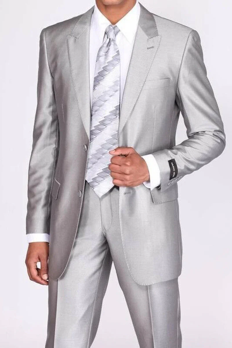 Mens 2 Button Peak Lapel Shiny Sharkskin Suit in Silver - Image 9