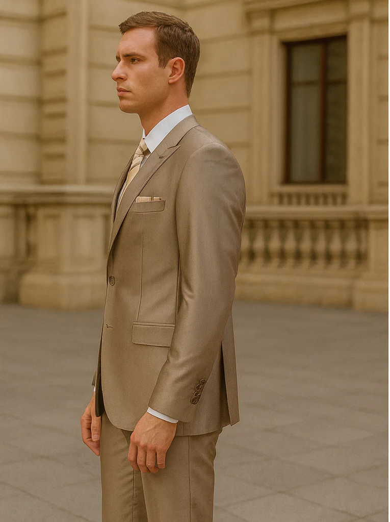 Mens 2 Button Peak Lapel Shiny Sharkskin Suit in Tan - Image 3