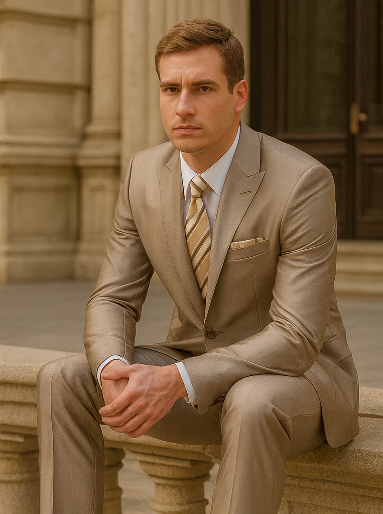 Mens 2 Button Peak Lapel Shiny Sharkskin Suit in Tan - Image 4