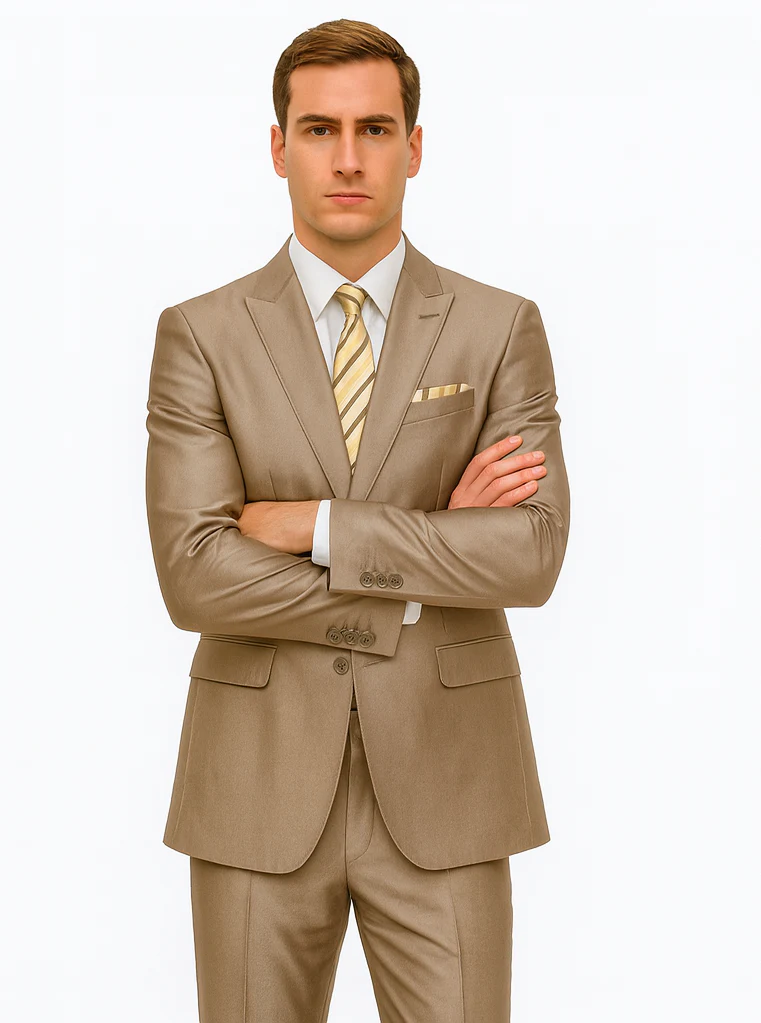 Mens 2 Button Peak Lapel Shiny Sharkskin Suit in Tan - Image 5