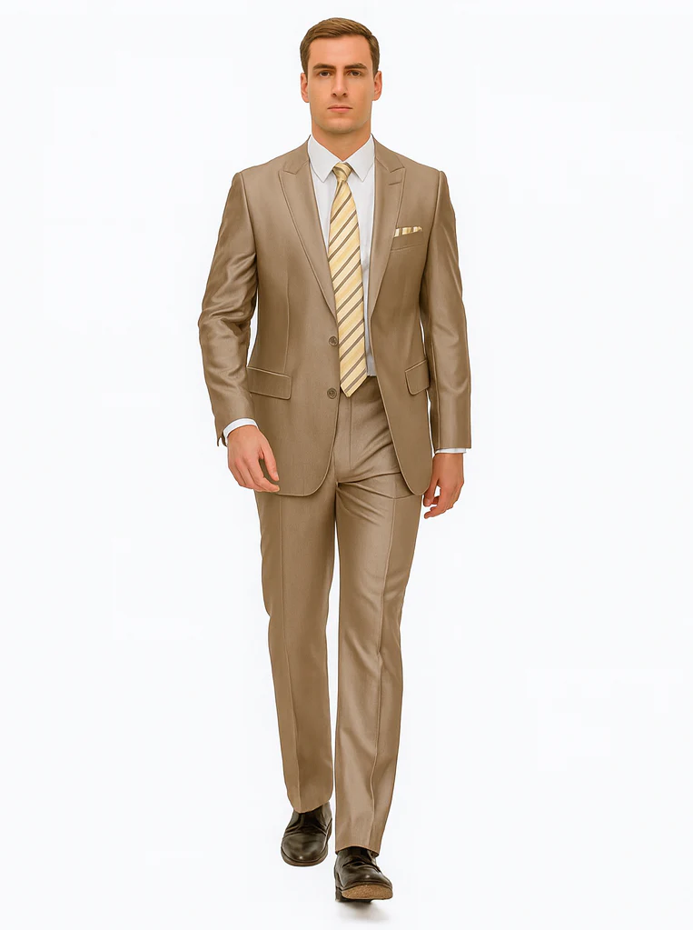 Mens 2 Button Peak Lapel Shiny Sharkskin Suit in Tan - Image 6