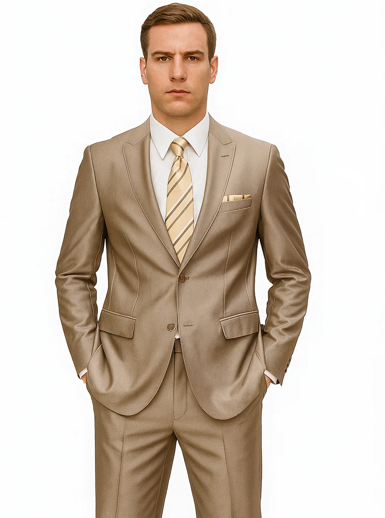 Mens 2 Button Peak Lapel Shiny Sharkskin Suit in Tan - Image 7