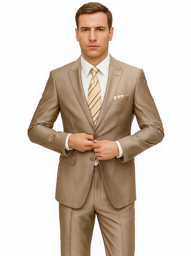 Mens 2 Button Peak Lapel Shiny Sharkskin Suit in Tan - Image 8