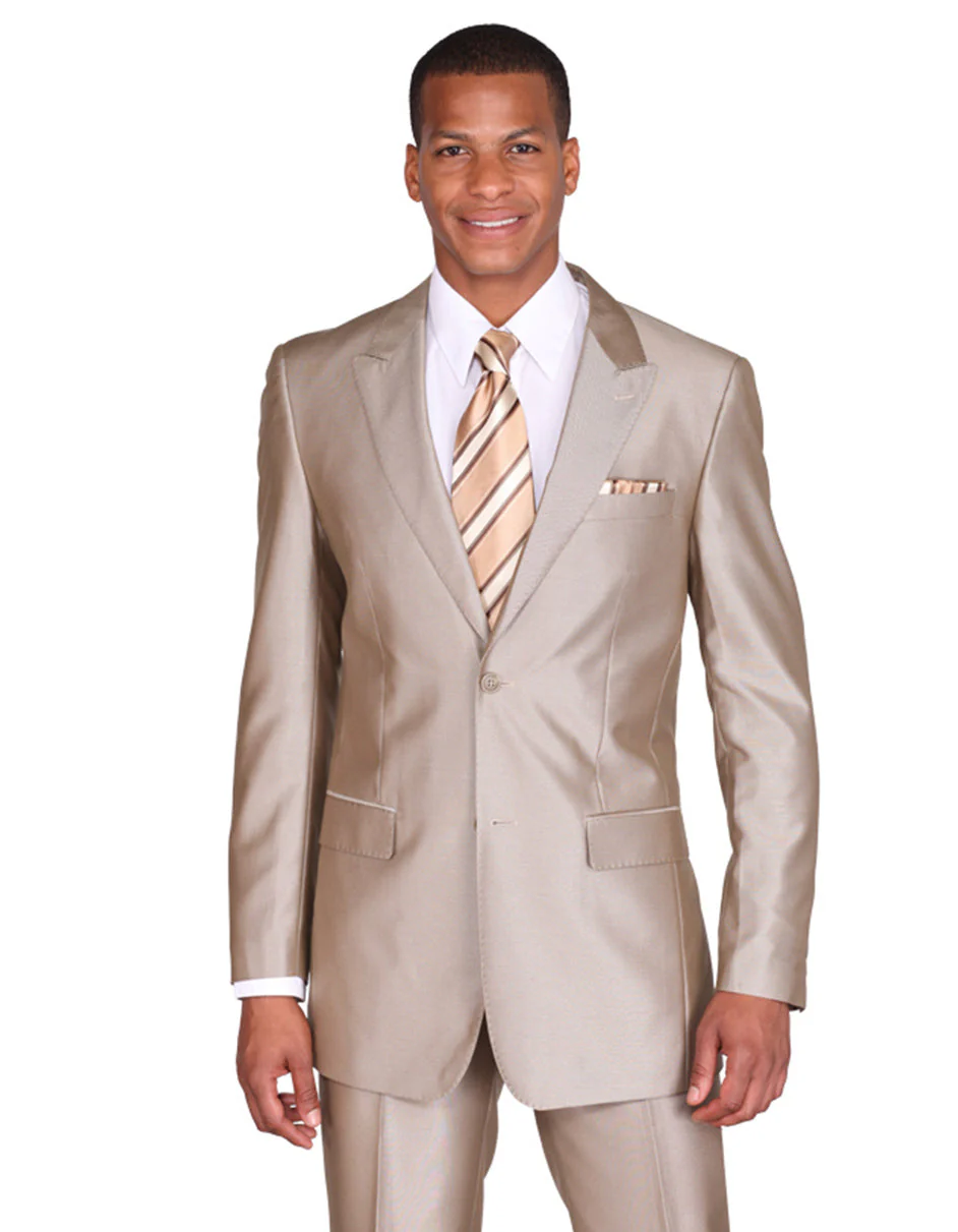 Mens 2 Button Peak Lapel Shiny Sharkskin Suit in Tan - Image 9