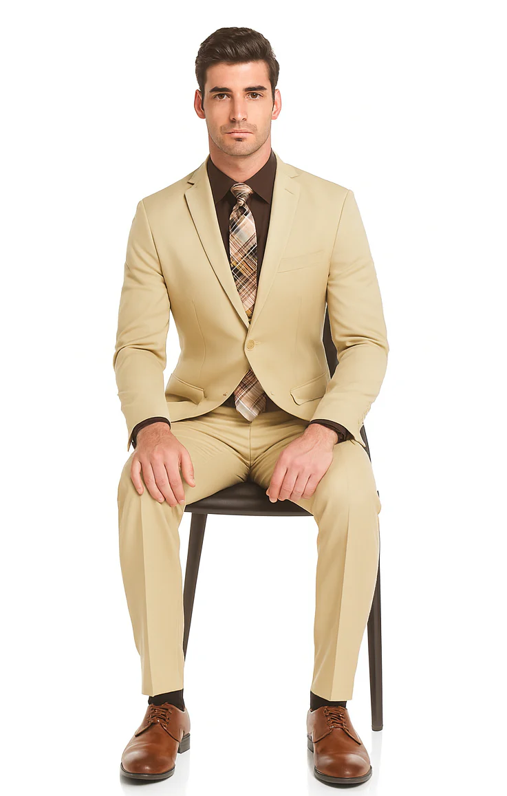 Mens 2 Button Slim Fit Rayon Fabric Suit in Beige - Image 3