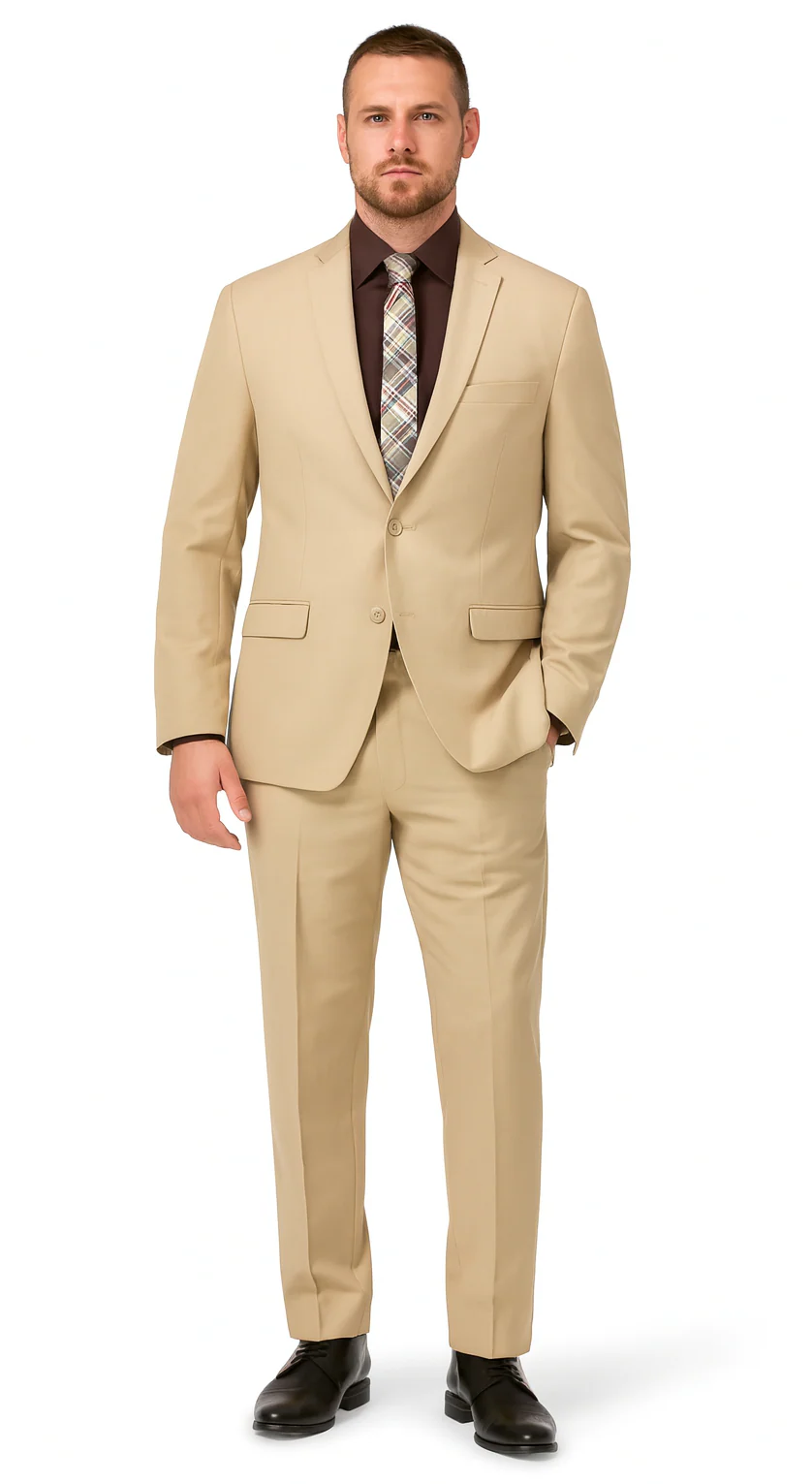 Mens 2 Button Slim Fit Rayon Fabric Suit in Beige - Image 6
