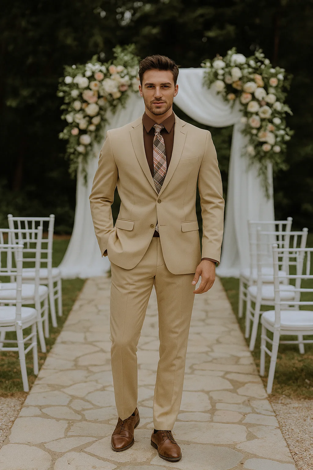 Mens 2 Button Slim Fit Rayon Fabric Suit in Beige - Image 7