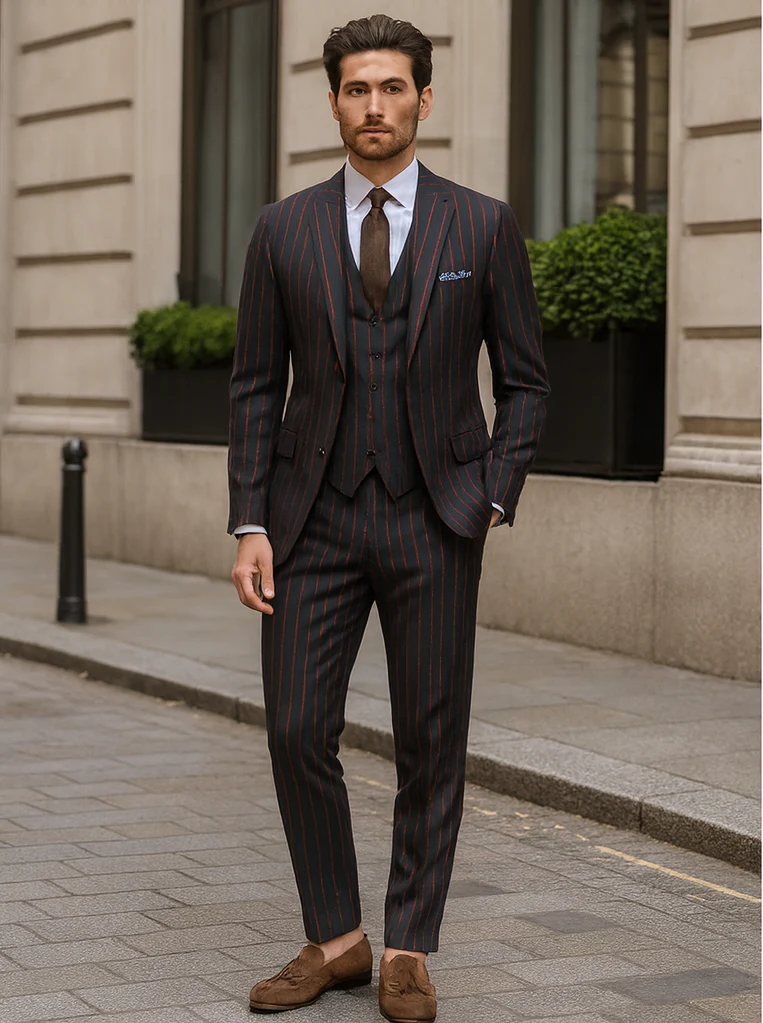 Mens 2 Button Vested 3 Piece Gangster Bold Pinstripe Suit in Burgundy