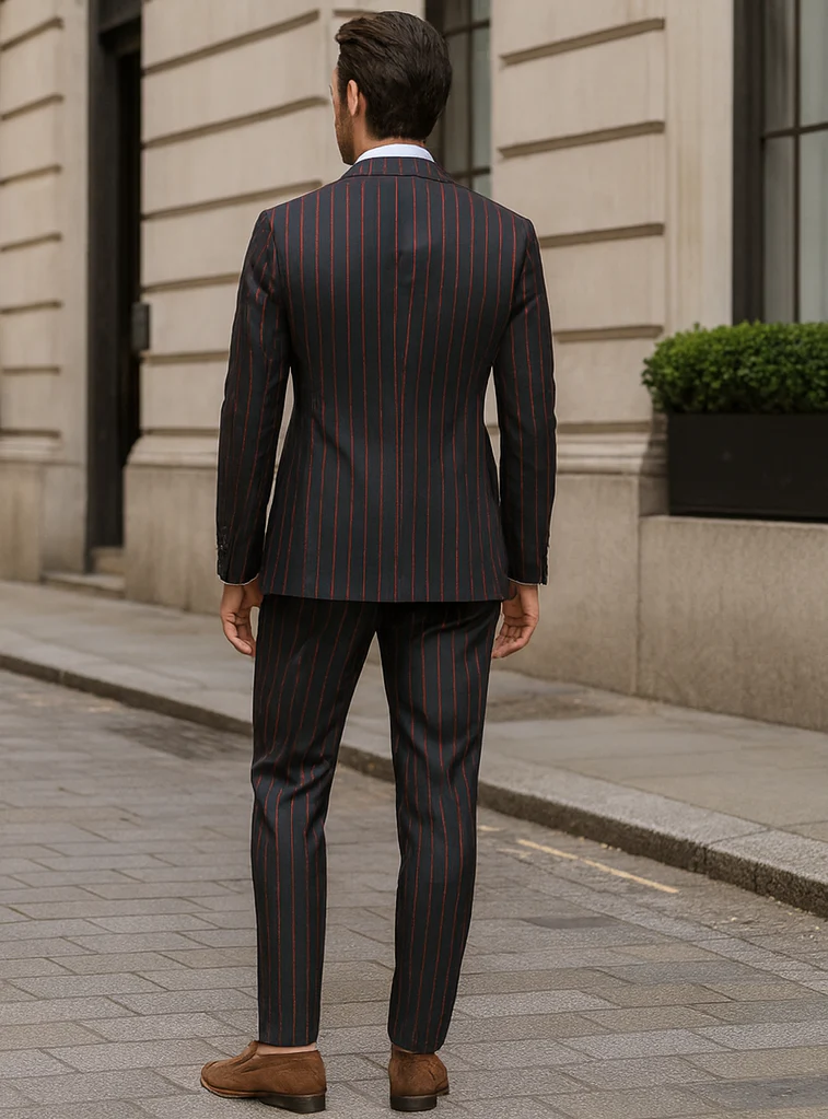 Mens 2 Button Vested 3 Piece Gangster Bold Pinstripe Suit in Burgundy - Image 2