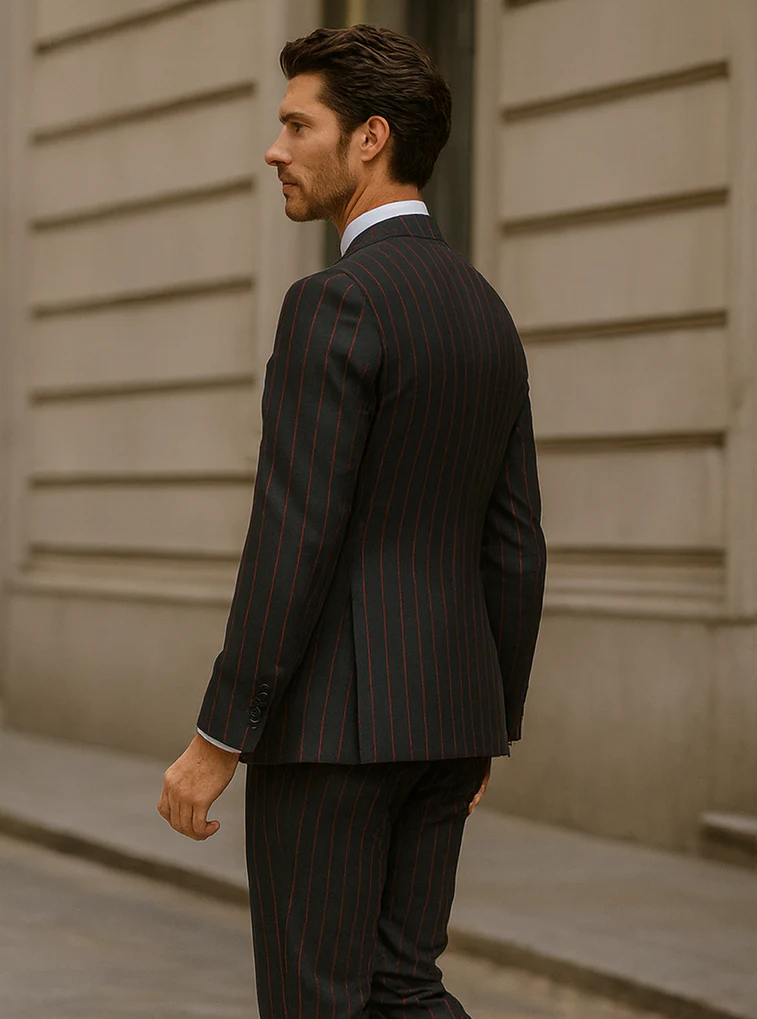 Mens 2 Button Vested 3 Piece Gangster Bold Pinstripe Suit in Burgundy - Image 3