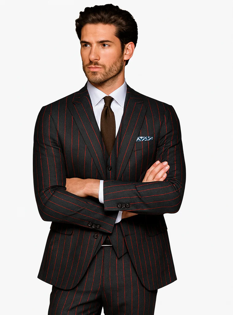 Mens 2 Button Vested 3 Piece Gangster Bold Pinstripe Suit in Burgundy - Image 5