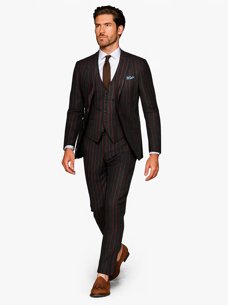 Mens 2 Button Vested 3 Piece Gangster Bold Pinstripe Suit in Burgundy - Image 6