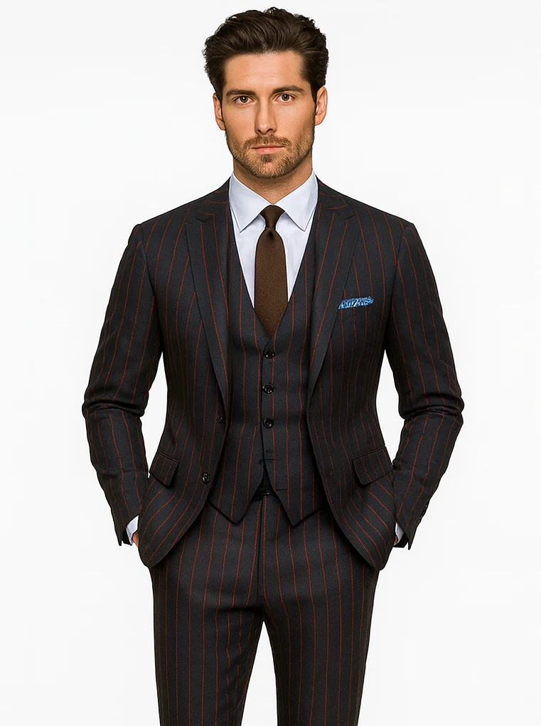 Mens 2 Button Vested 3 Piece Gangster Bold Pinstripe Suit in Burgundy - Image 7
