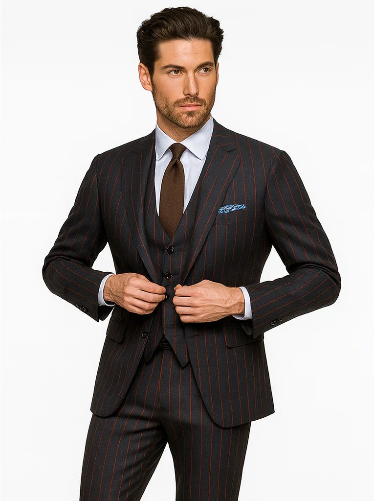 Mens 2 Button Vested 3 Piece Gangster Bold Pinstripe Suit in Burgundy - Image 8