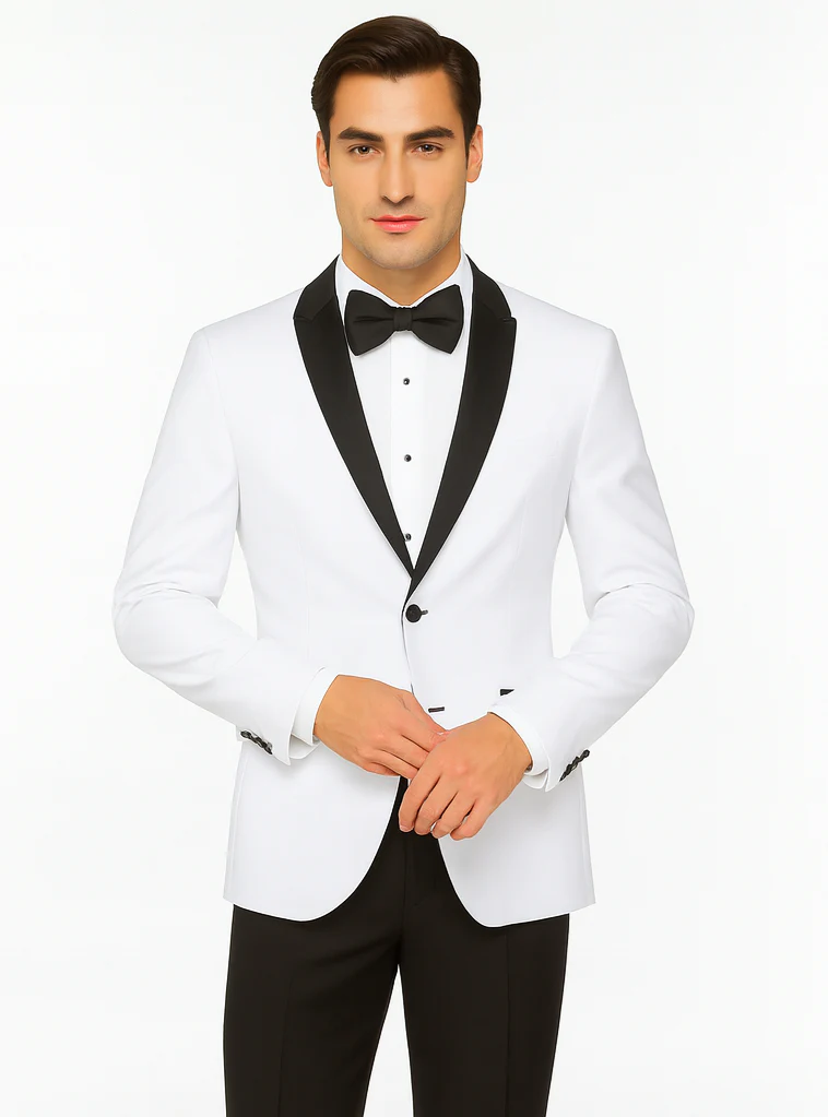 Mens 2 Buttton Slim Contrast Peak Lapel Tuxedo in White - Image 8