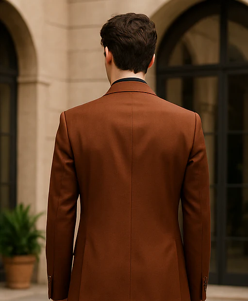 Mens 2 Button Vested Basic Wool Feel Suit in Cognac - Image 2
