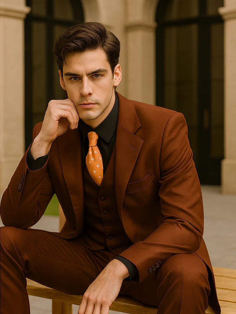 Mens 2 Button Vested Basic Wool Feel Suit in Cognac - Image 4