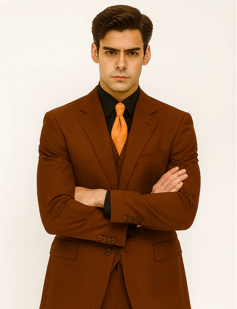Mens 2 Button Vested Basic Wool Feel Suit in Cognac - Image 5