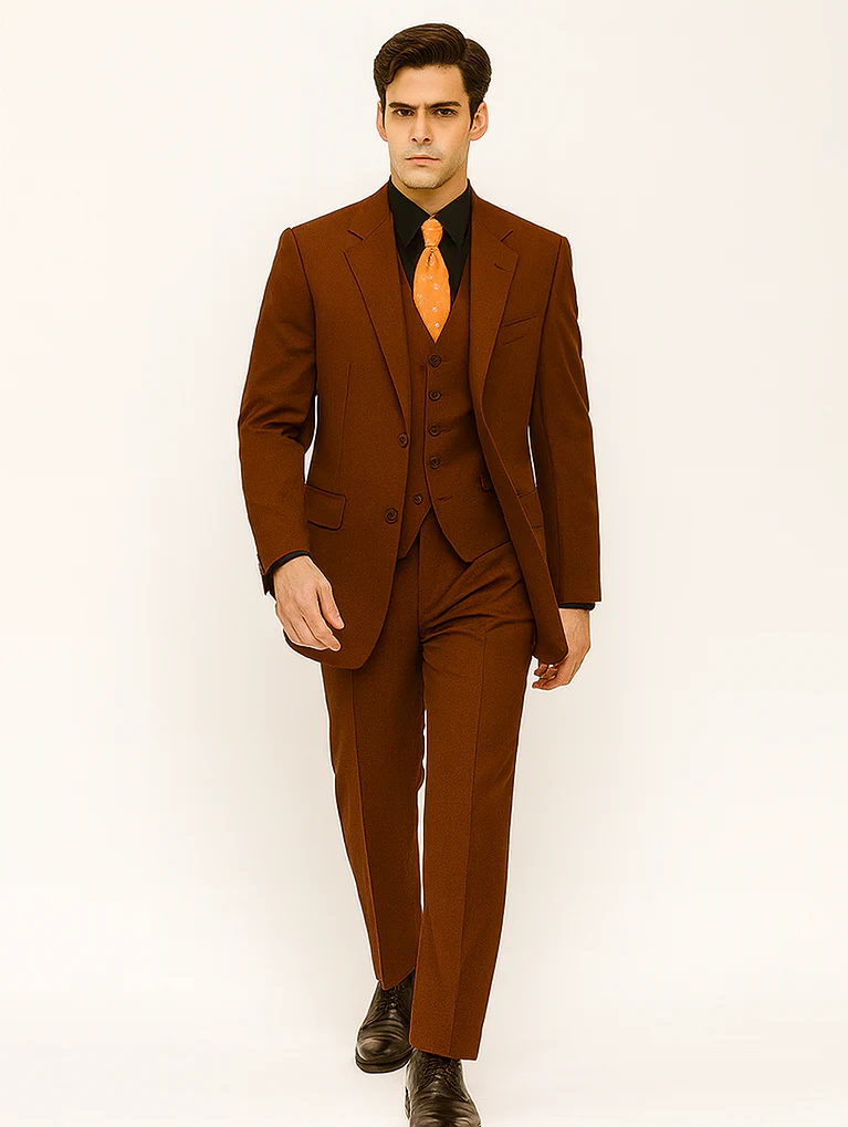 Mens 2 Button Vested Basic Wool Feel Suit in Cognac - Image 6