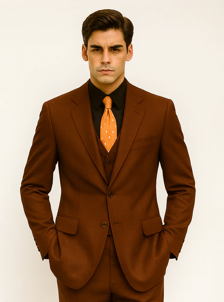 Mens 2 Button Vested Basic Wool Feel Suit in Cognac - Image 7