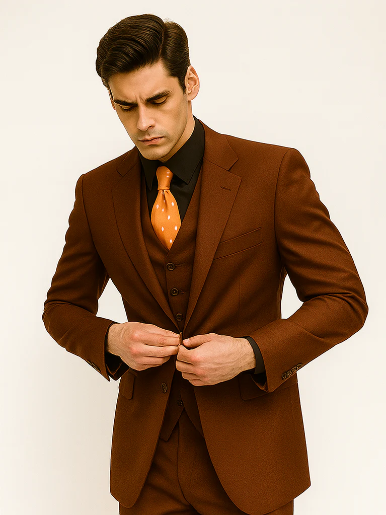 Mens 2 Button Vested Basic Wool Feel Suit in Cognac - Image 8