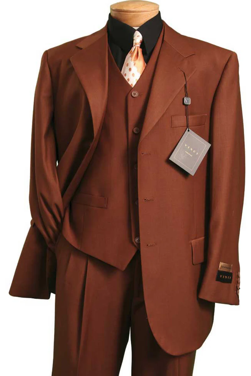Mens 2 Button Vested Basic Wool Feel Suit in Cognac - Image 9