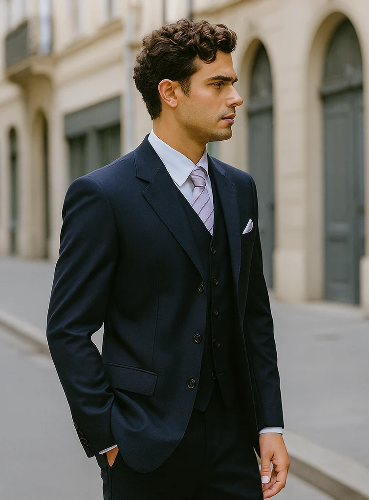 Mens 3 Button Vested Basic Wool Feel Suit in Navy - Image 3