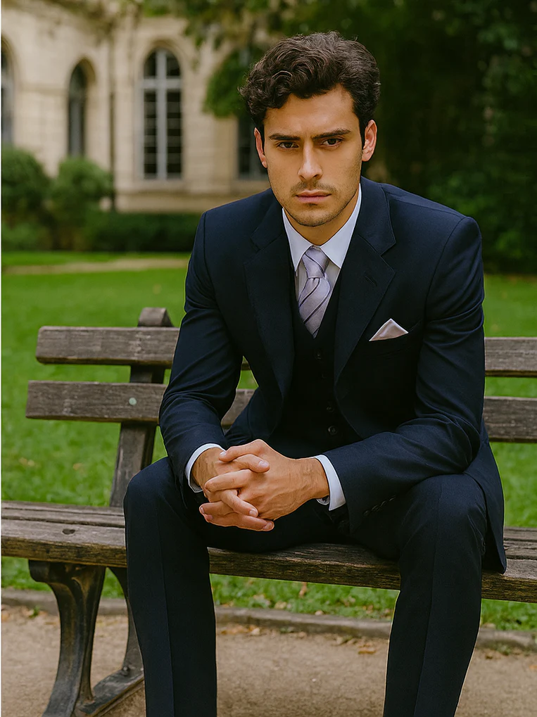Mens 3 Button Vested Basic Wool Feel Suit in Navy - Image 4