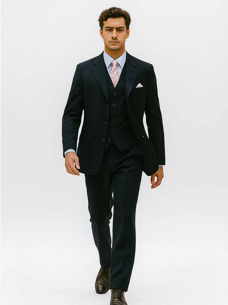 Mens 3 Button Vested Basic Wool Feel Suit in Navy - Image 6