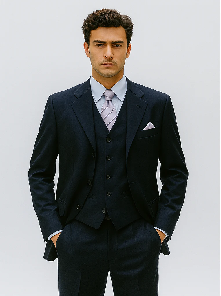 Mens 3 Button Vested Basic Wool Feel Suit in Navy - Image 7