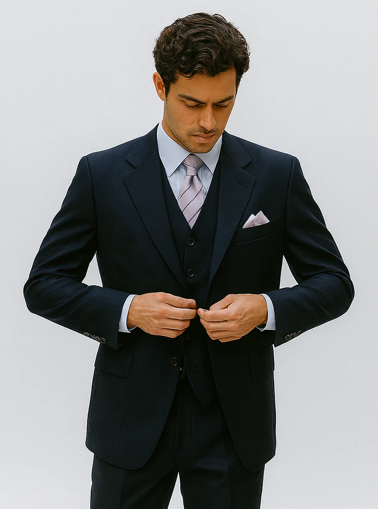 Mens 3 Button Vested Basic Wool Feel Suit in Navy - Image 8