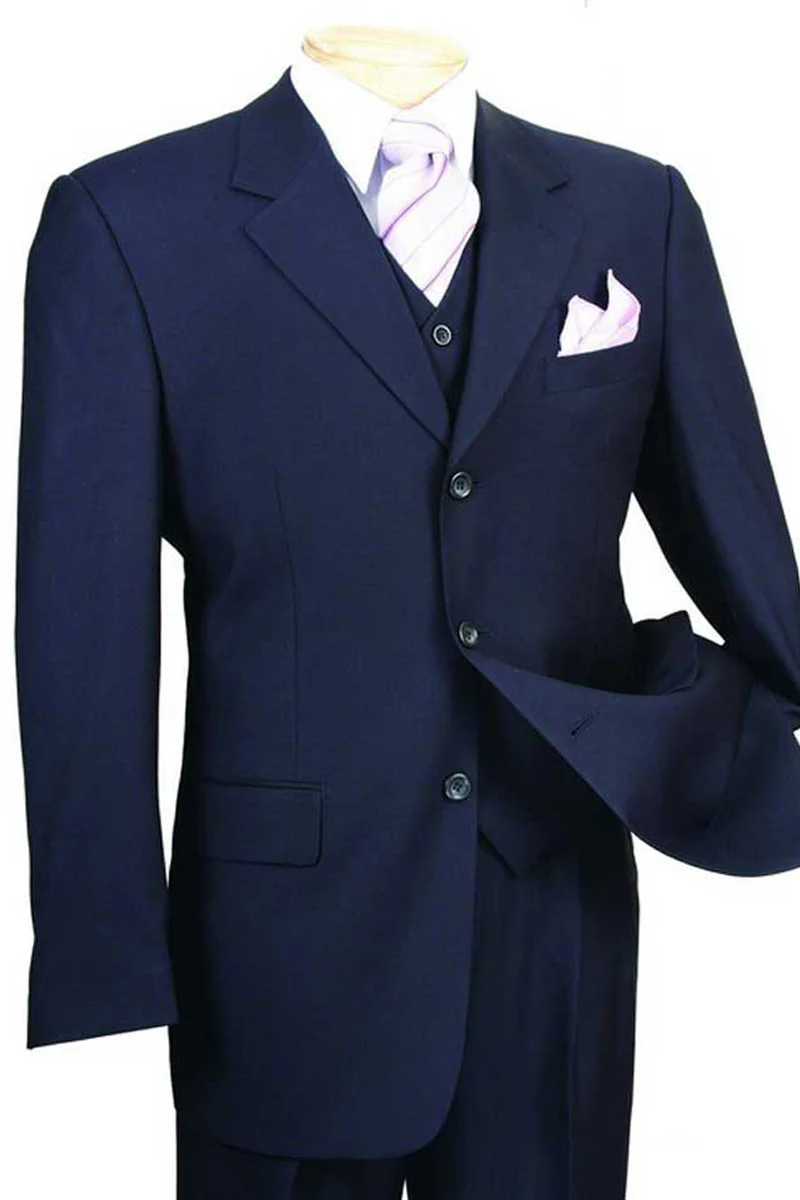 Mens 3 Button Vested Basic Wool Feel Suit in Navy - Image 9