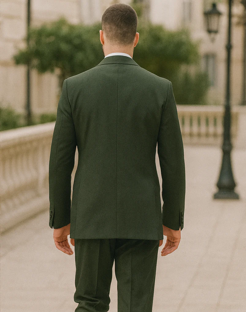 Mens 2 Button Vested Basic Wool Feel Suit in Olive - Image 2